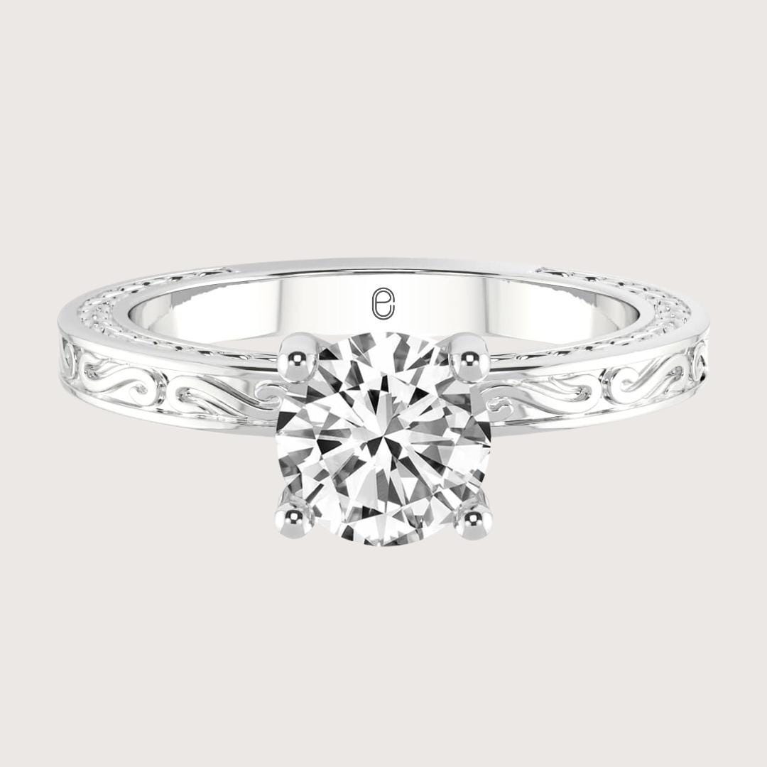 14K Gold Engraved Round Brilliant Cut Diamond Engagement Ring