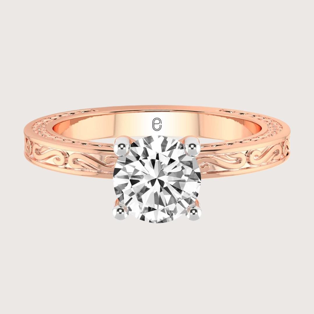 14K Gold Engraved Round Brilliant Cut Diamond Engagement Ring