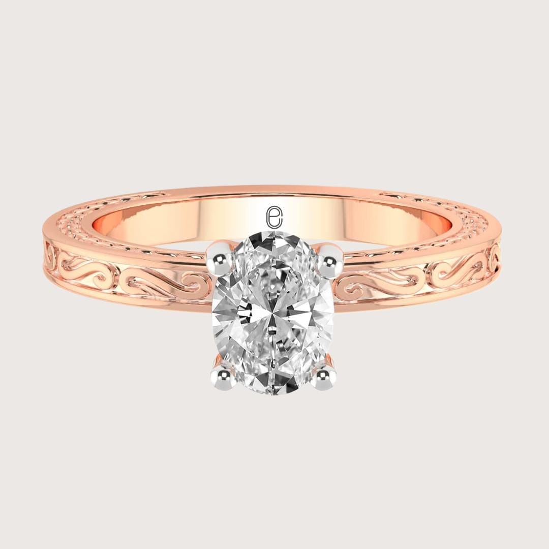 14K Art Deco Filigree Oval Lab Grown Solitaire Ring