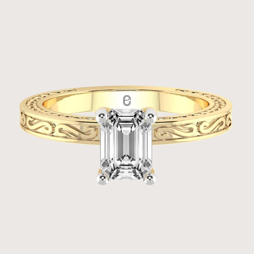 14K Yellow Gold Emerald cut Lab Grown Diamond Vintage Solitaire Ring