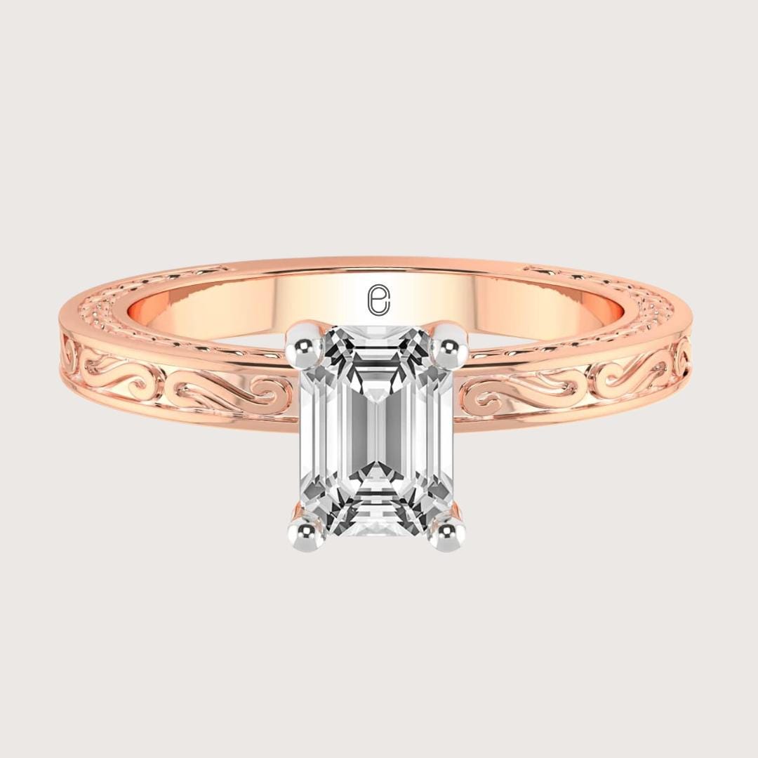 14K Yellow Gold Emerald cut Lab Grown Diamond Vintage Solitaire Ring