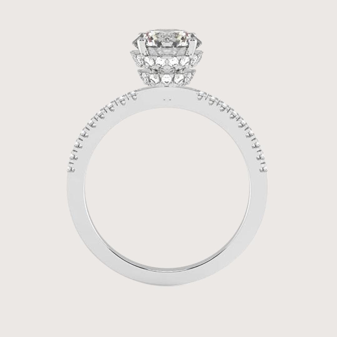 14K Gold Oval, Halo and Pave Eternity Engagement Ring