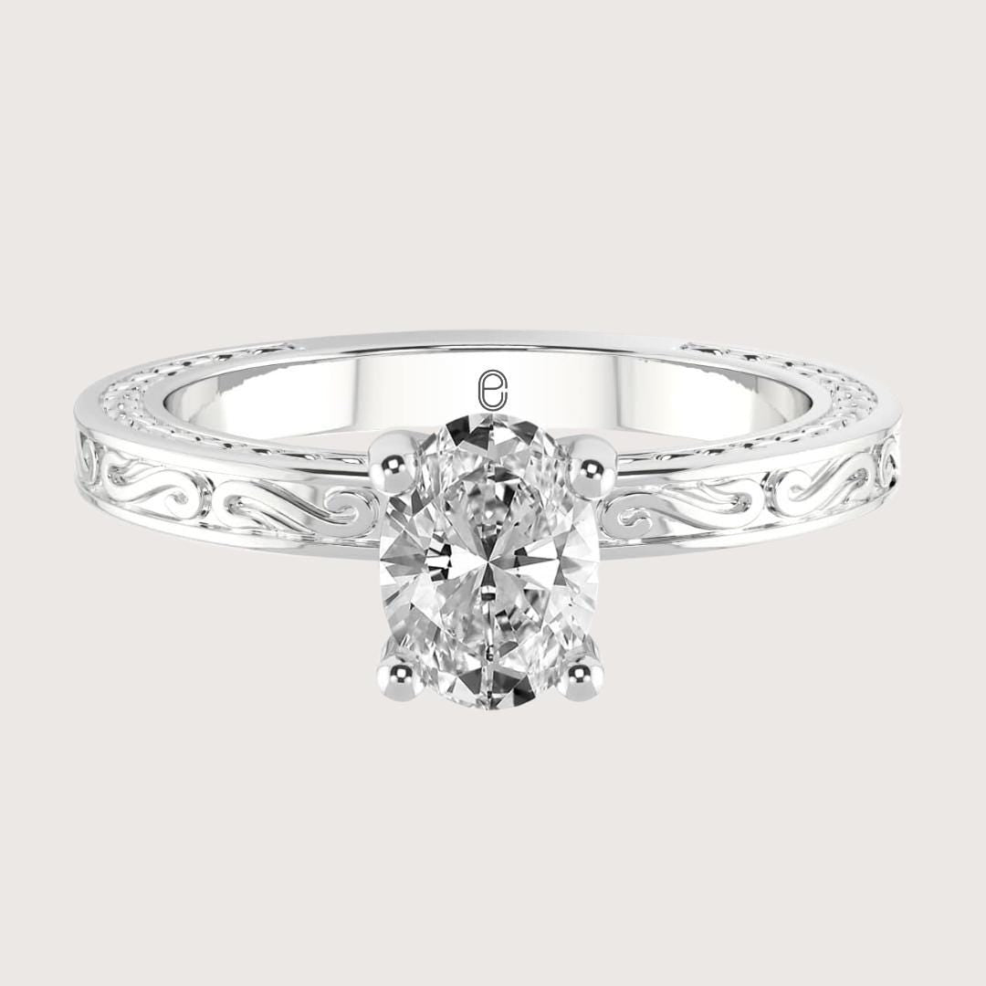 14K Art Deco Filigree Oval Lab Grown Solitaire Ring