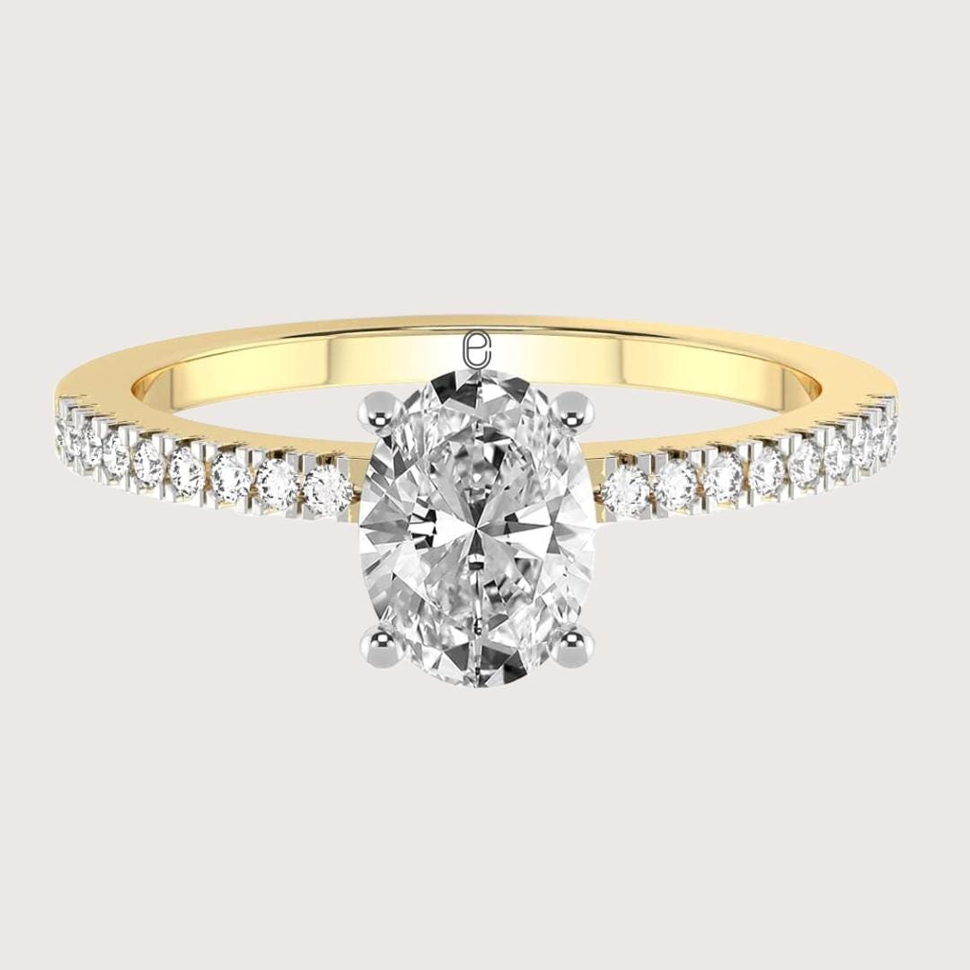 14K Gold Oval, Halo and Pave Eternity Engagement Ring
