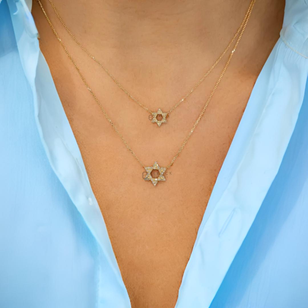 14K Open Star of David Diamond Necklace Adjustable Drawstring Chain Gift  For Her