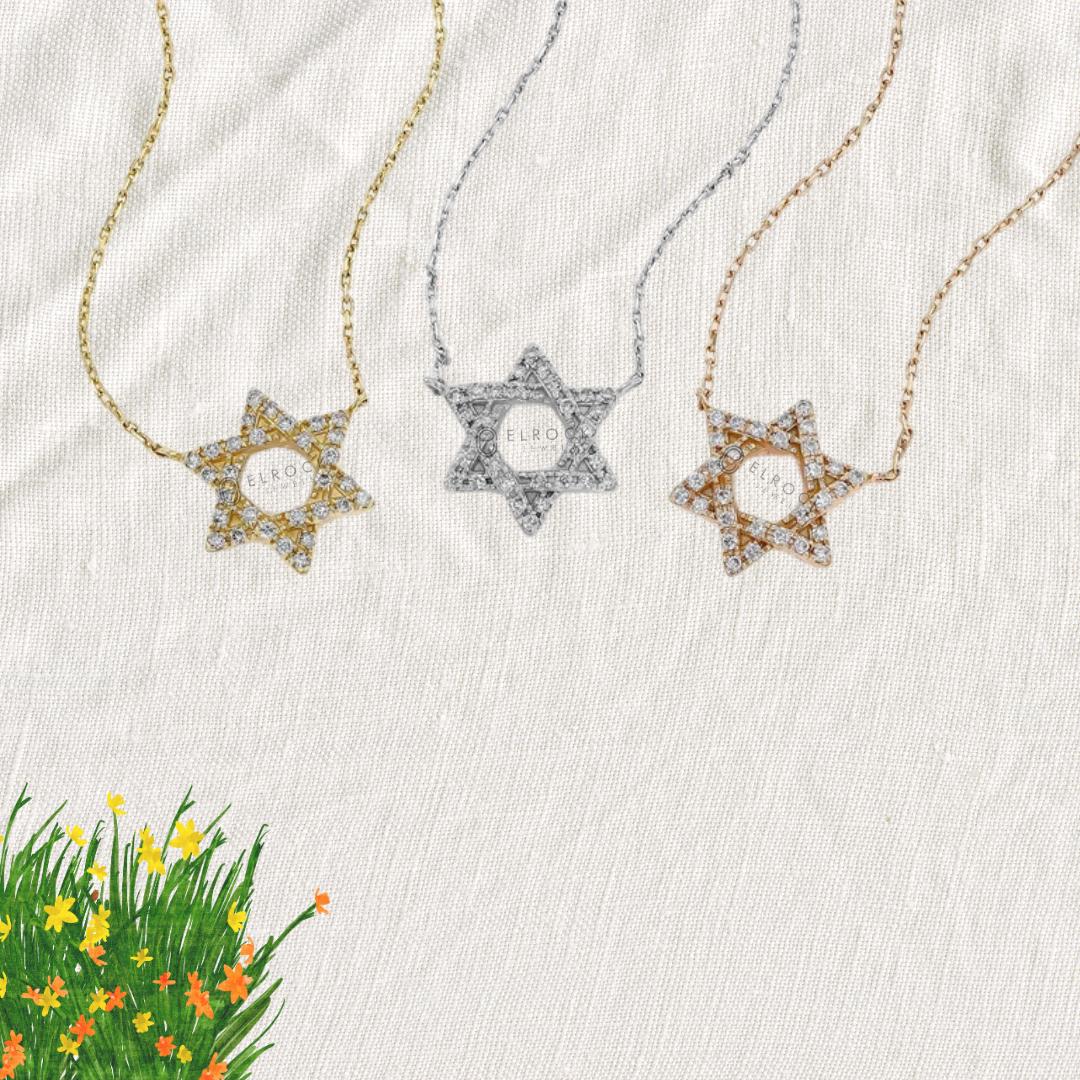 14K Open Star of David Diamond Necklace Adjustable Drawstring Chain Gift  For Her