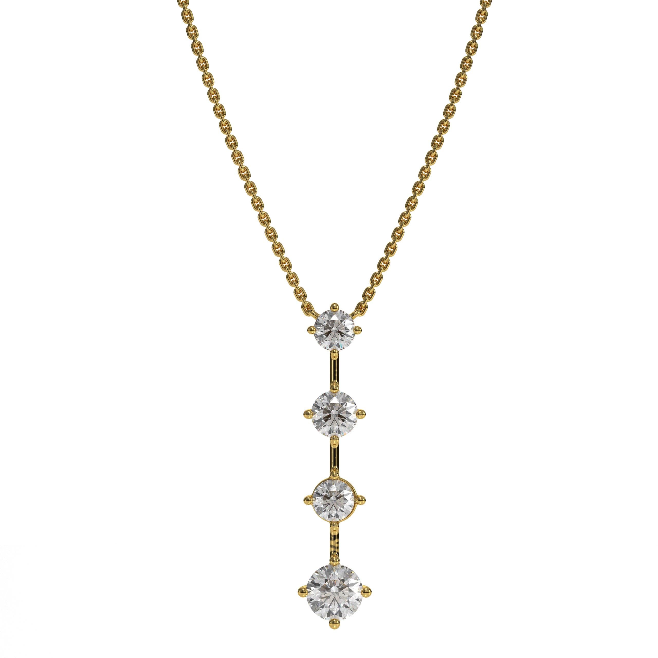 14k Solid Gold Diamond Vertical Bar Necklace - 4 Stone Vertical Line Pendant- Diamond Gold Bar Necklace- Four Round Diamond Linear Necklace