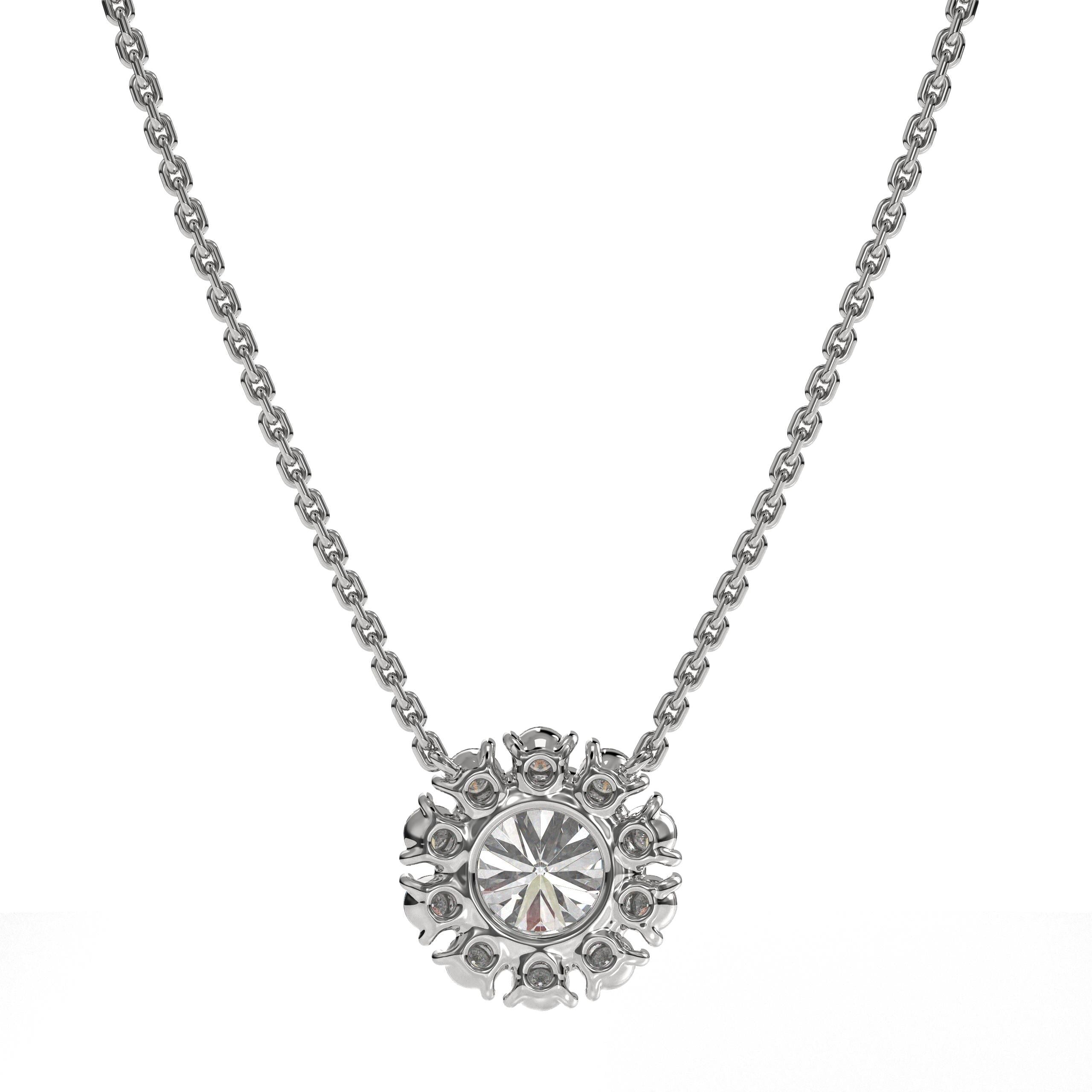 14K Diamond Halo Pendant Necklace, 14k Solid Gold Lab Grown Diamond Necklace, Petite Round Diamond, Fine Jewelry, White, Rose, Yellow Gold