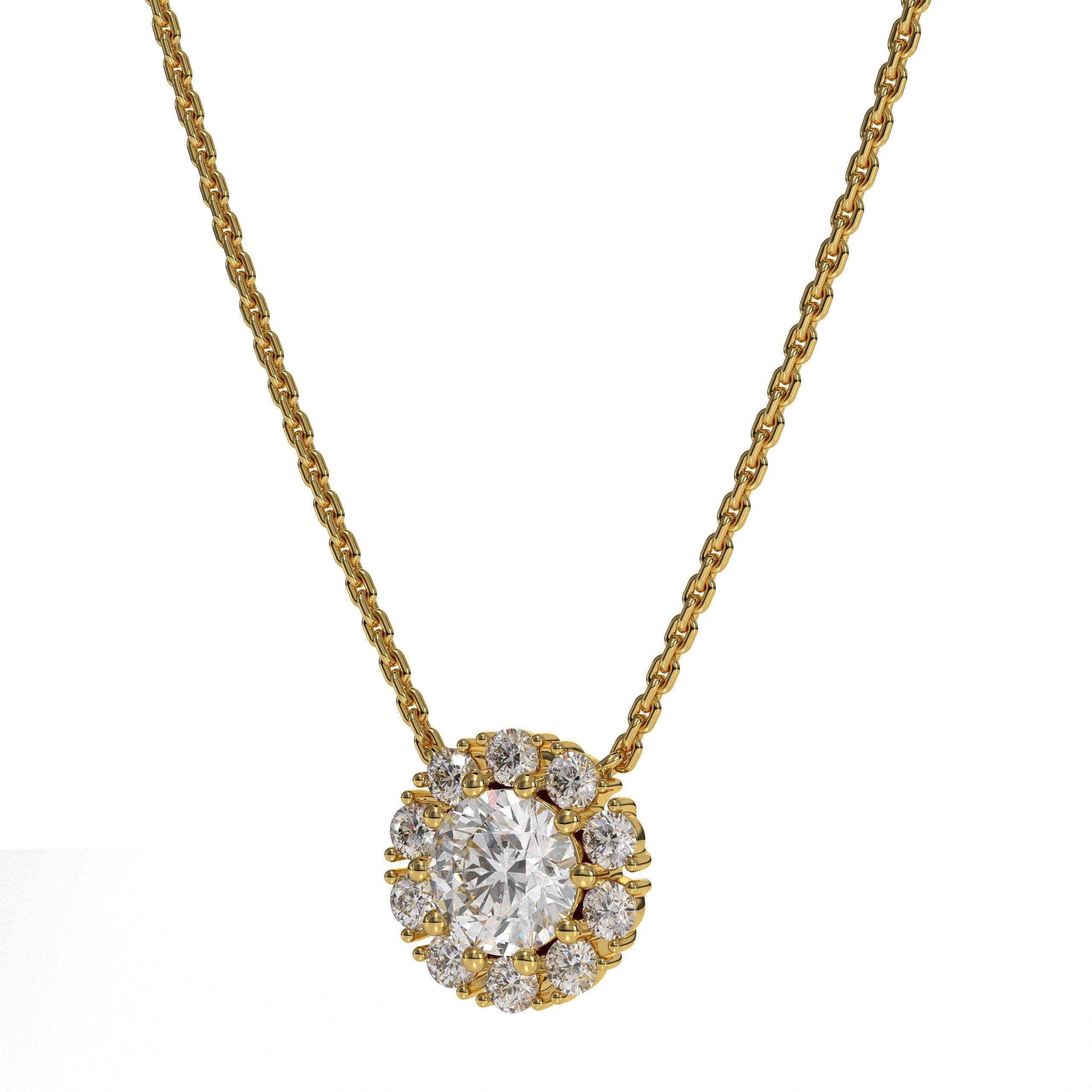 14K Diamond Halo Pendant Necklace, 14k Solid Gold Lab Grown Diamond Necklace, Petite Round Diamond, Fine Jewelry, White, Rose, Yellow Gold