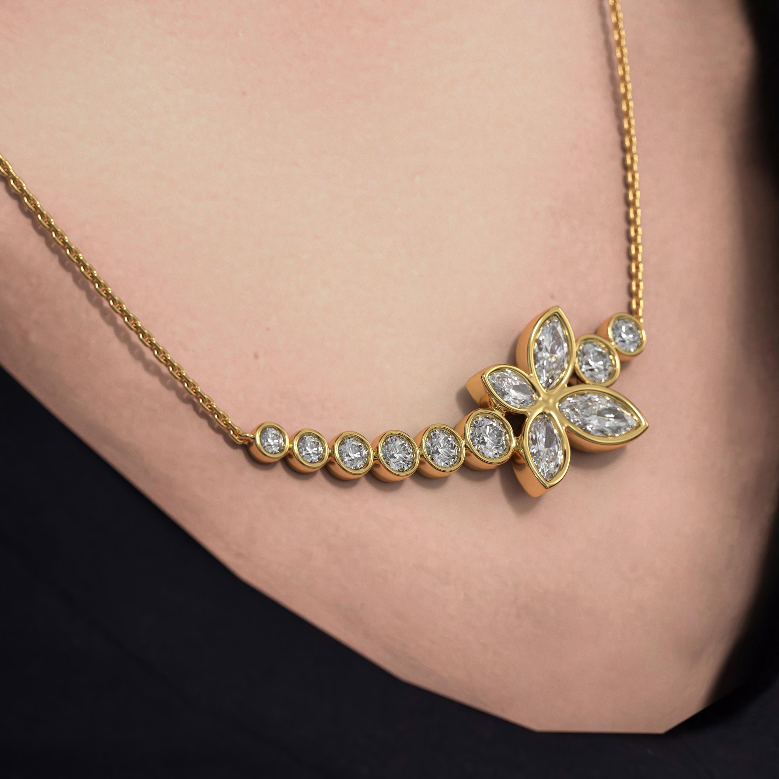 14K Gold Beautiful Marquise & Round Cut Wedding Pendant Necklace