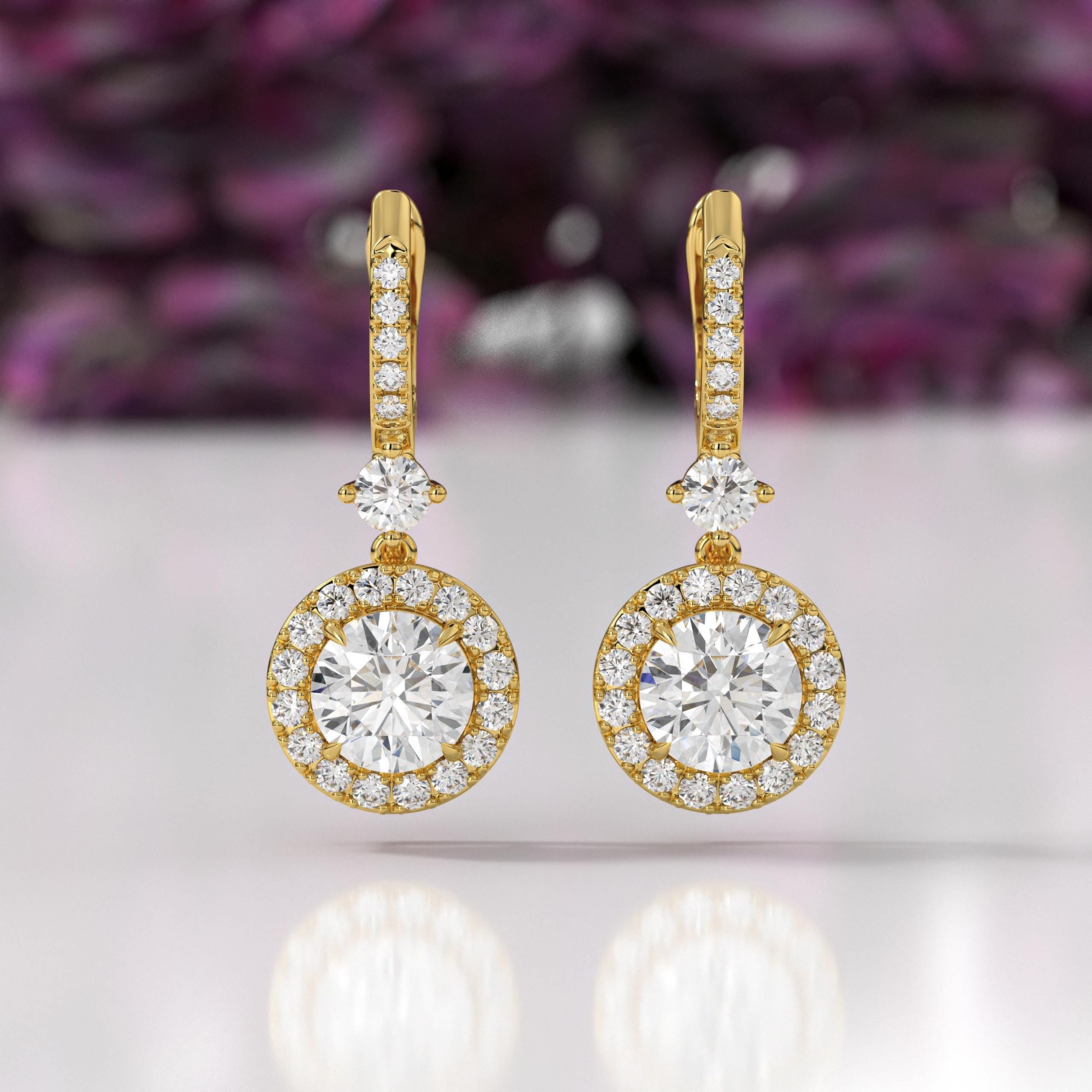 Brilliant Round Cut 14K Gold Dangle Drop Lab Grown Diamond Earring