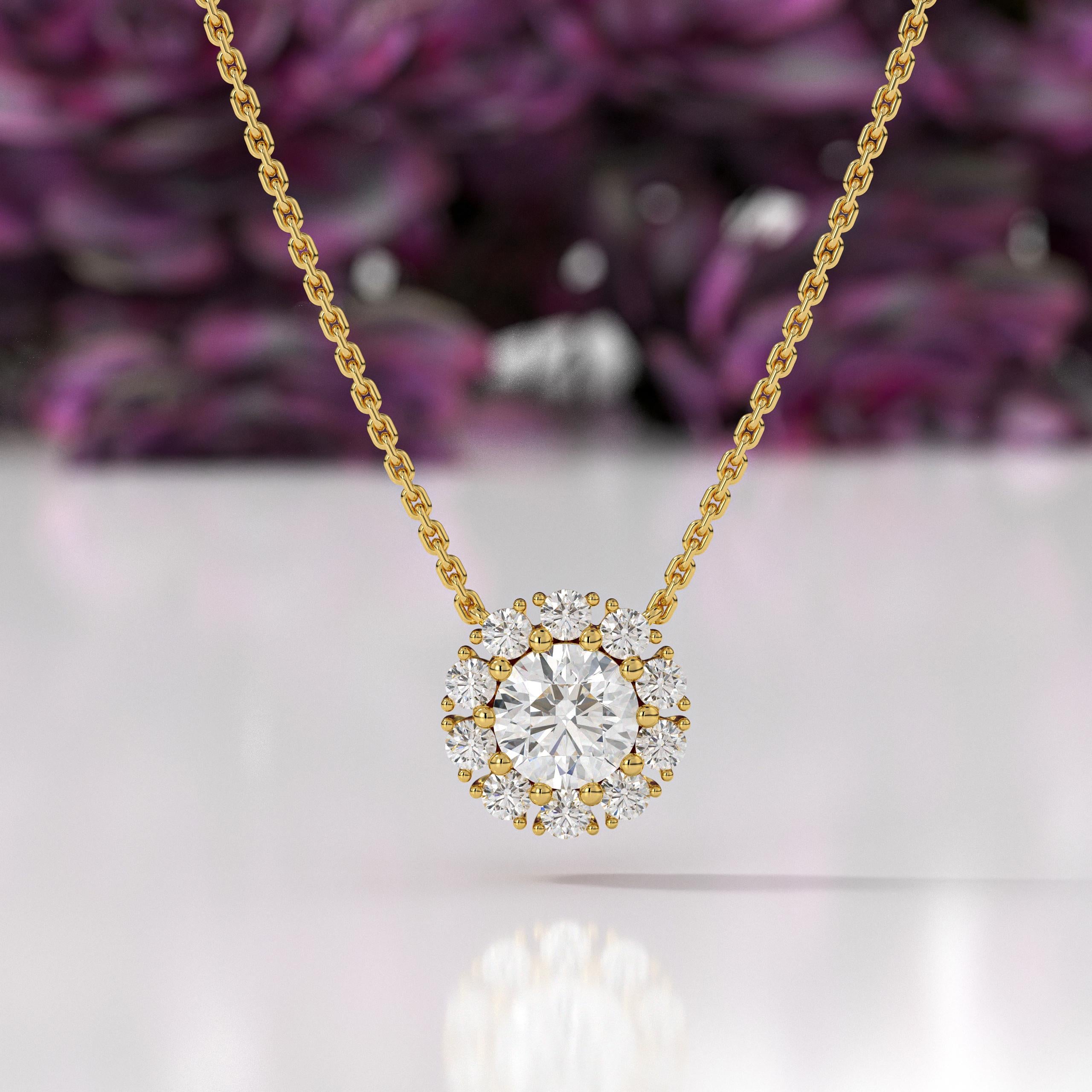 14K Diamond Halo Pendant Necklace, 14k Solid Gold Lab Grown Diamond Necklace, Petite Round Diamond, Fine Jewelry, White, Rose, Yellow Gold