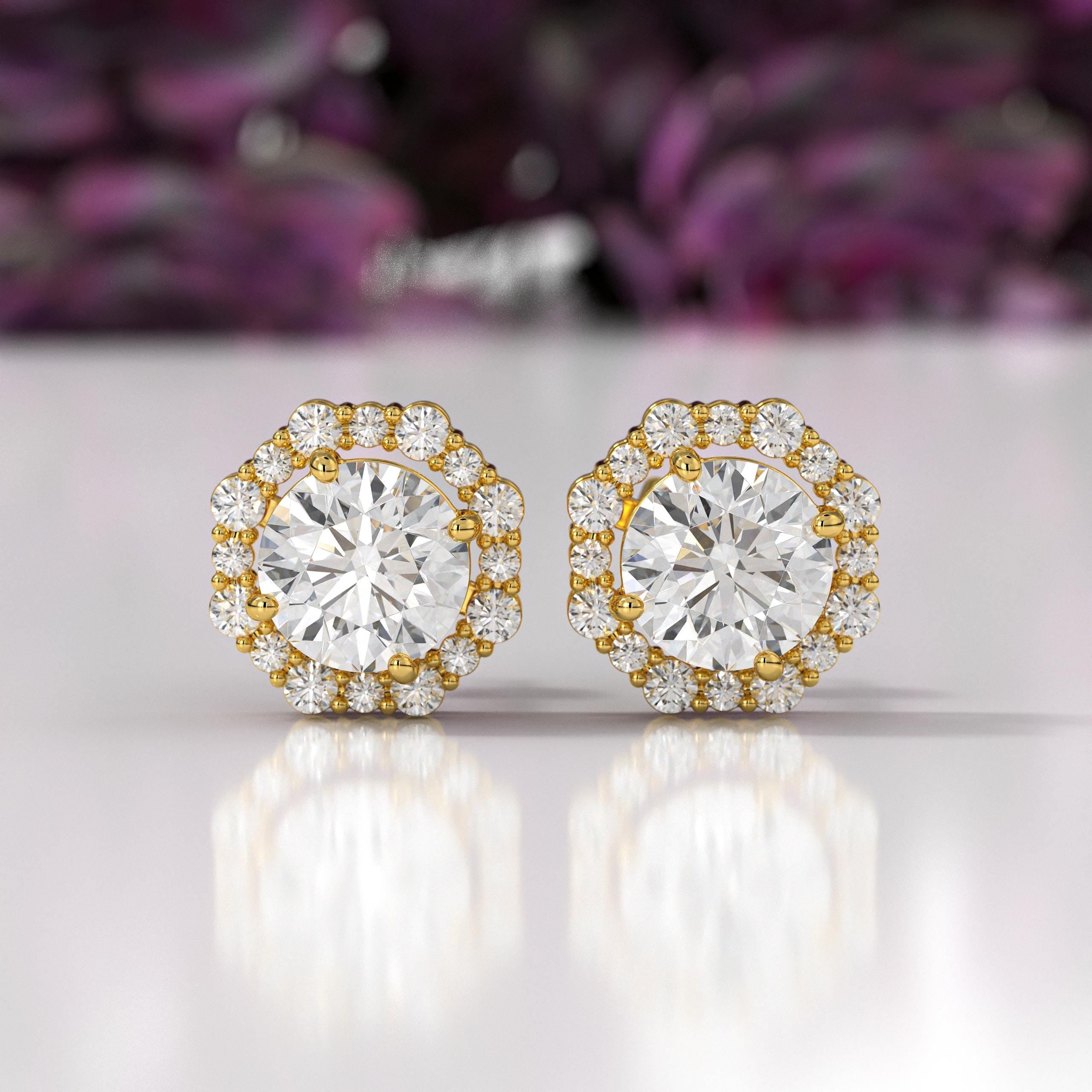 Lab Grown Diamond 14K Gold Halo Earrings Unique Circle Design Earrings