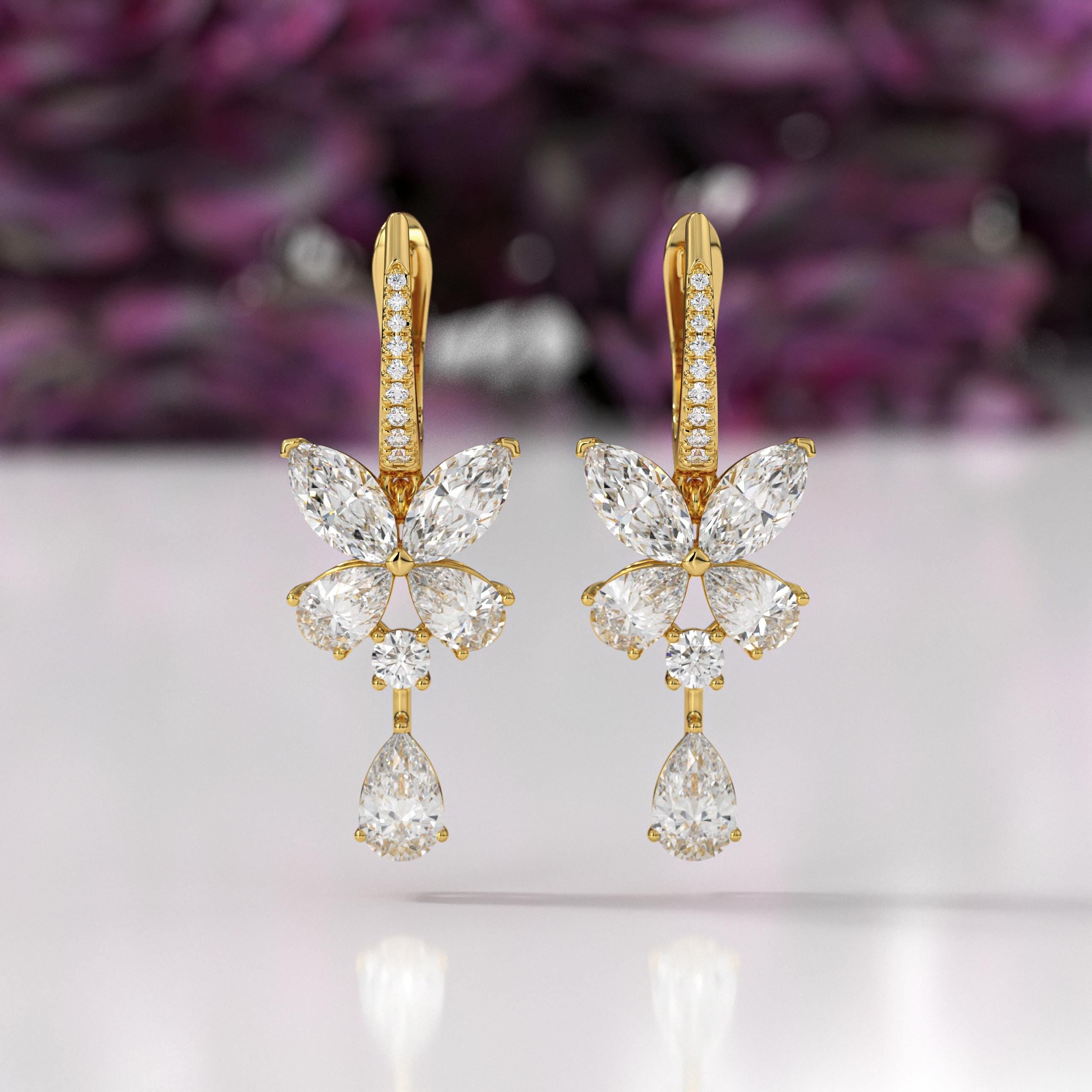Marquise Pear and Round Diamond 14K Gold Butterfly Earrings