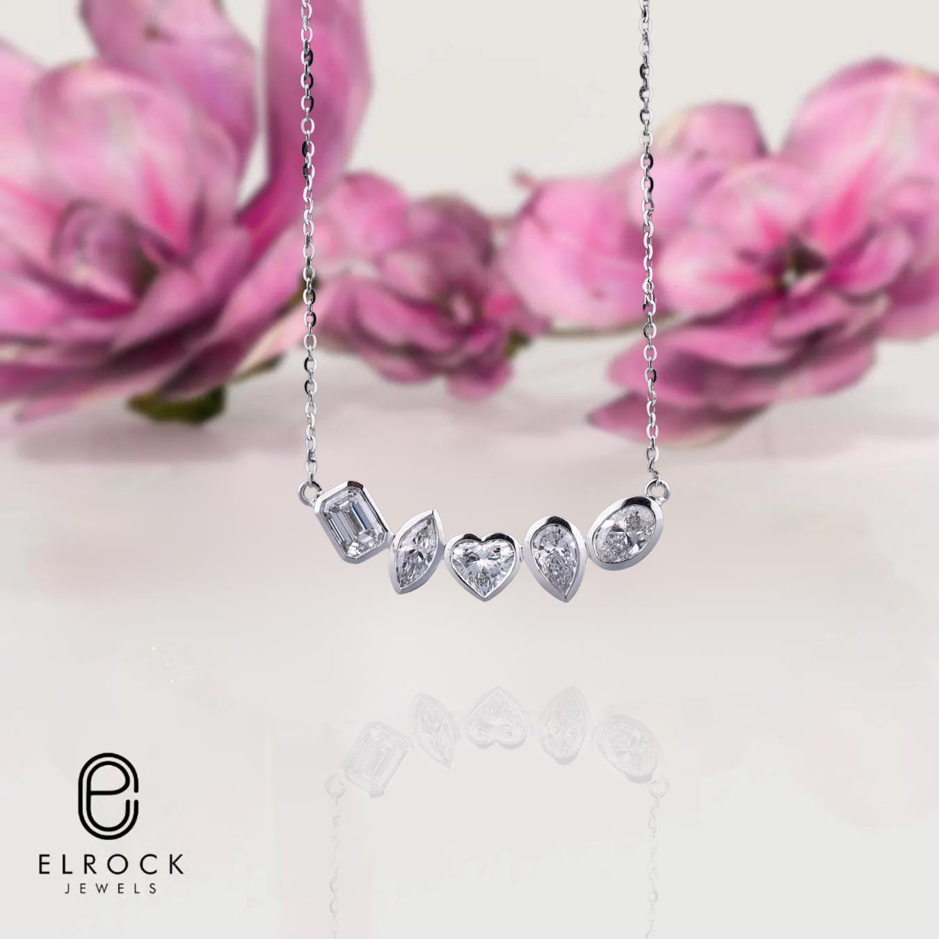 14K Solid White Gold Multi Shape Diamond Necklace