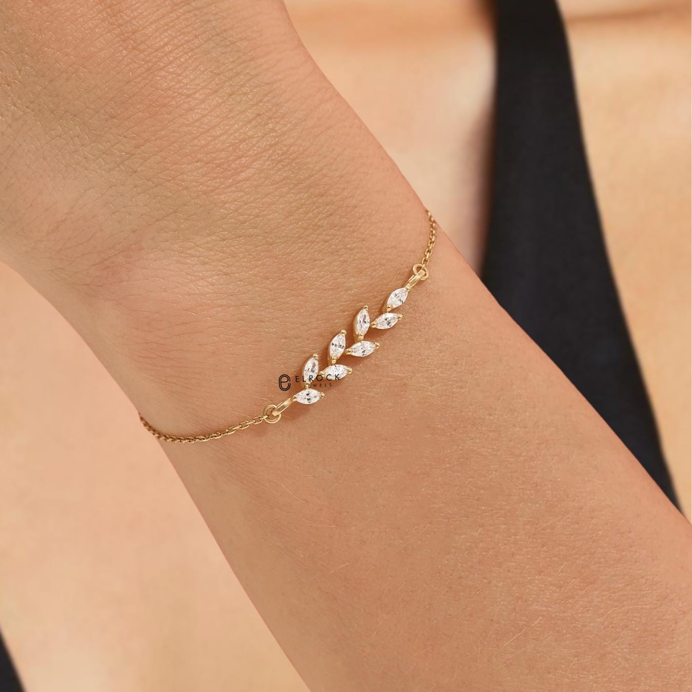 14k Solid Gold Chain Bracelet Floral Leaf Bracelet Gold Dainty Stacking