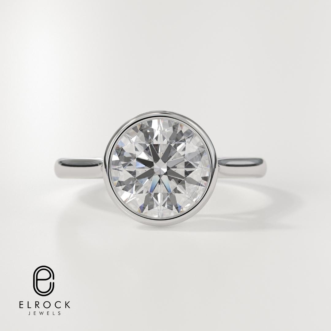 14K Solid Gold 2CT Lab Grown Diamond Bezel Engagement Ring