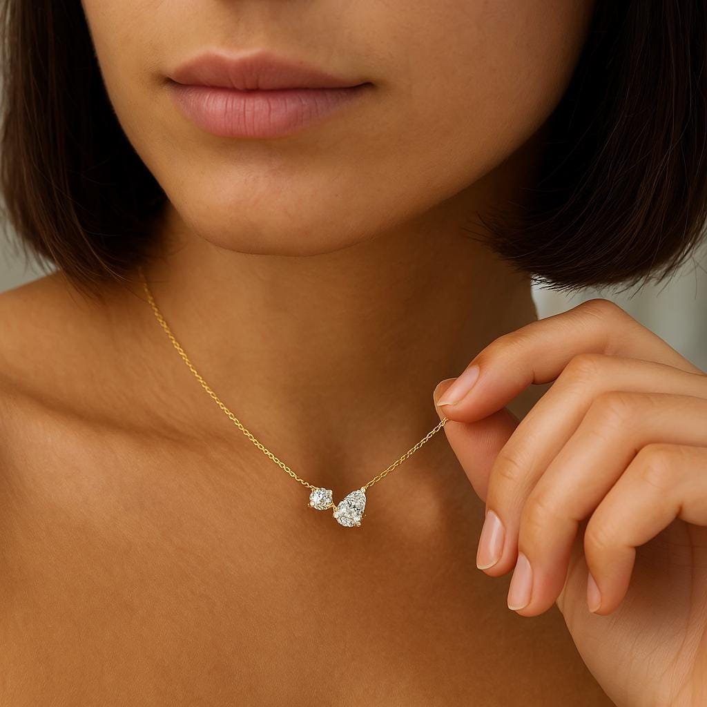 14K Toi et Moi Lab Grown Diamond Necklace, 14K Gold 1.55 ctw Round & Pear Cut Diamond Necklace, Unique Lab Grown Diamond Pendant, Birthday Gift