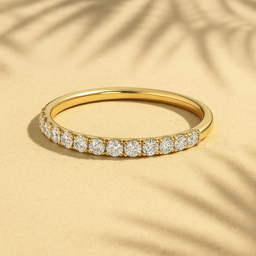  14K Gold Lab Created Pave Half Eternity  Wedding Ring 2mm Diamond Band For Her