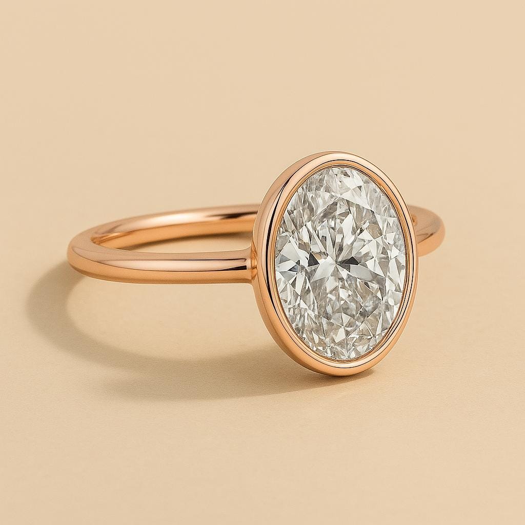 14K Gold Oval 2 Carat Lab Grown Diamond Bezel Set Solitaire Engagement Ring