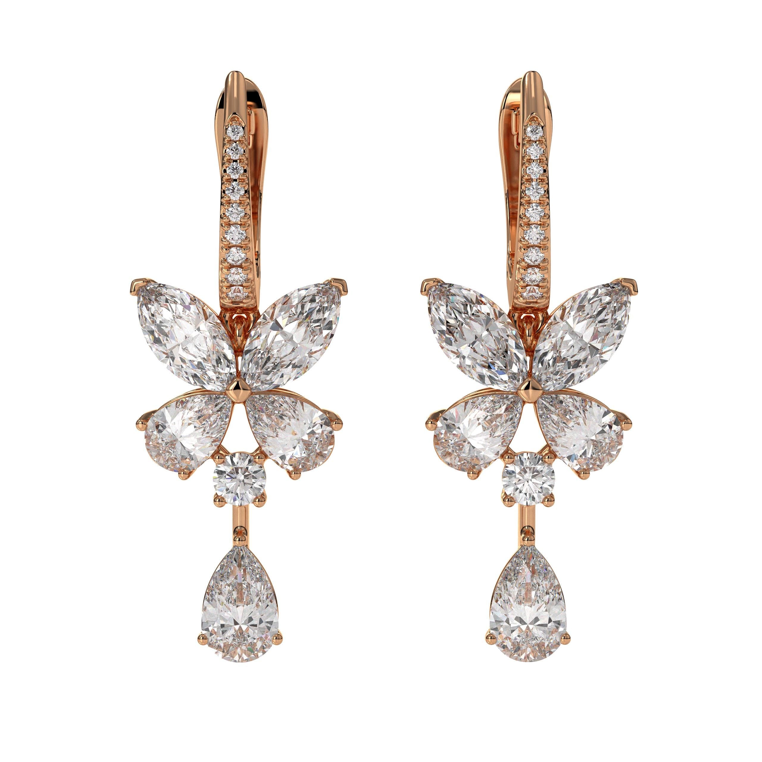 Marquise Pear and Round Diamond 14K Gold Butterfly Earrings