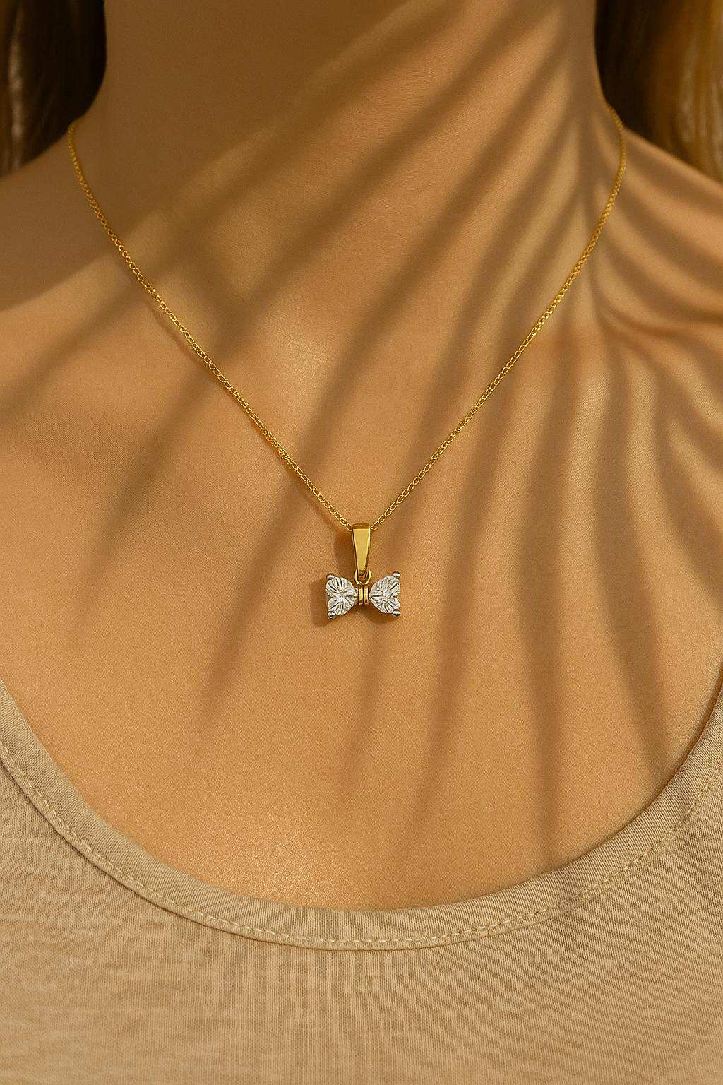 14K Gold Heart Bow Pendant with Lab Grown Heart Shape Diamonds