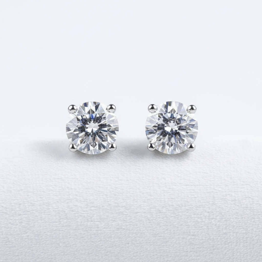 Round brilliant diamond stud earrings on white velvet, studio lighting