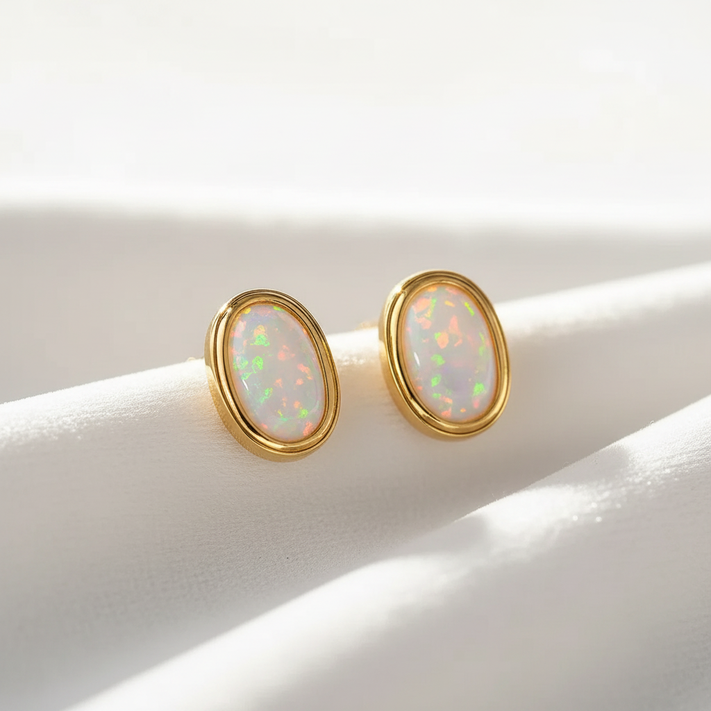 14K gold oval opal stud earrings on wavy white velvet, studio lighting