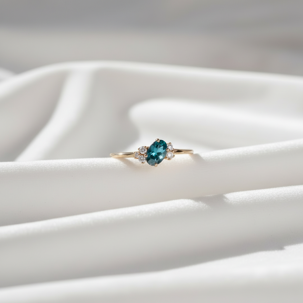 14K gold oval blue sapphire engagement ring on wavy white velvet, studio lighting