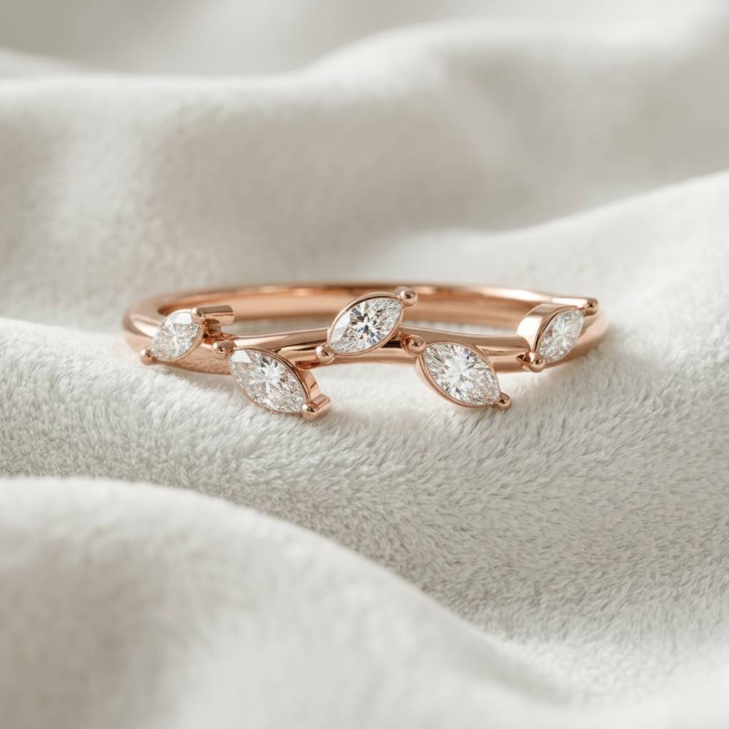 14K gold marquise cut lab grown diamond leaf wedding ring on wavy white velvet, studio lighting