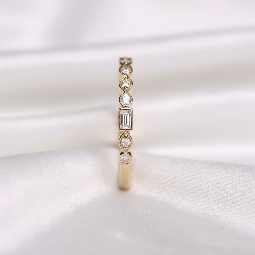 14K gold mix shape half eternity lab grown diamond wedding band on wavy white velvet, studio lighting