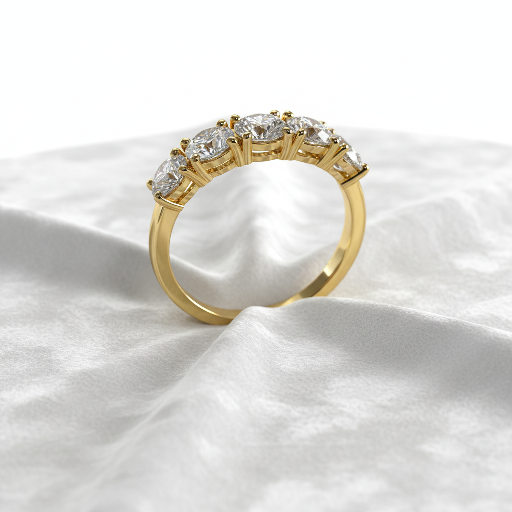 14K gold 5 stone diamond wedding anniversary band on wavy white velvet, studio lighting