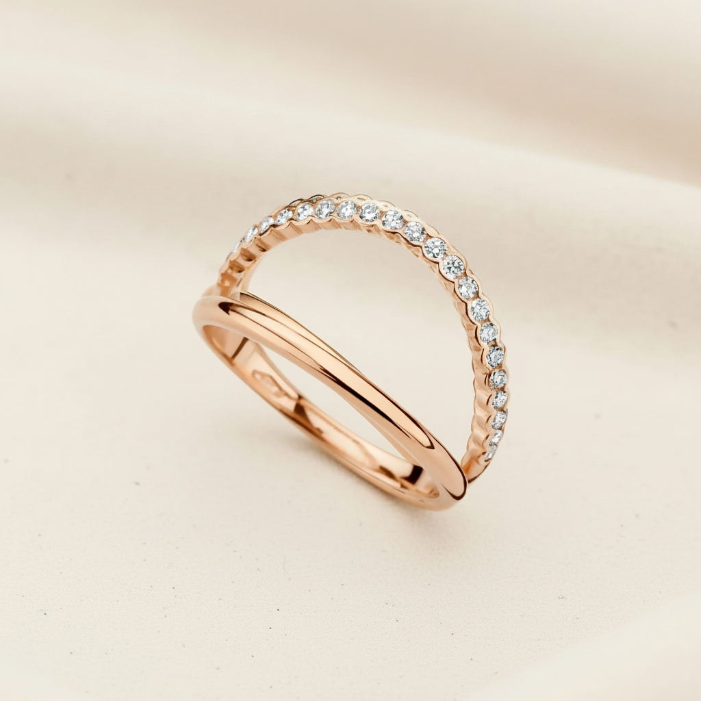 14K gold round cut lab grown diamond wedding ring on wavy white velvet, studio lighting