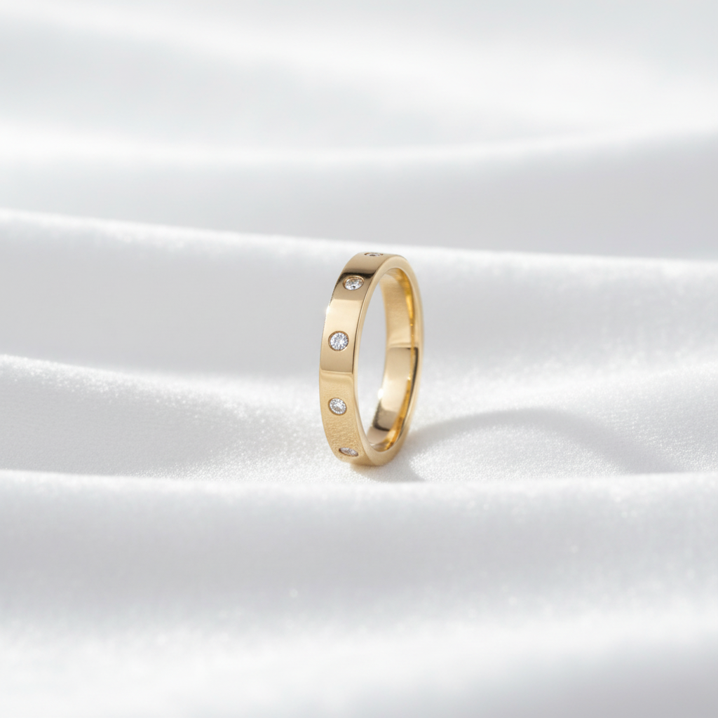 14K gold flush set dainty diamond wedding ring on wavy white velvet, studio lighting