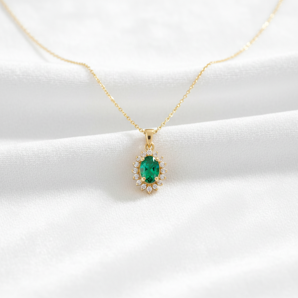 14K gold emerald oval halo diamond pendant necklace on wavy white velvet, studio lighting