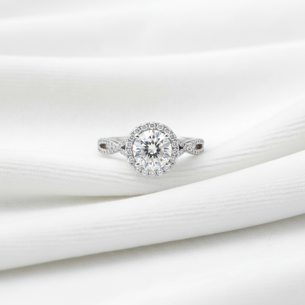 14K gold tree branch diamond engagement ring on wavy white velvet, studio lighting