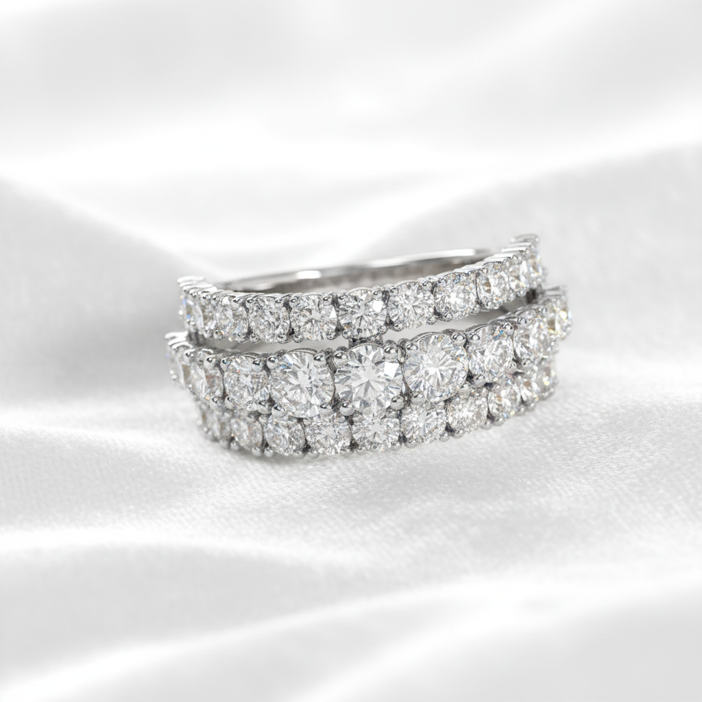14K white gold three row wide diamond wedding band on wavy white velvet, studio lighting