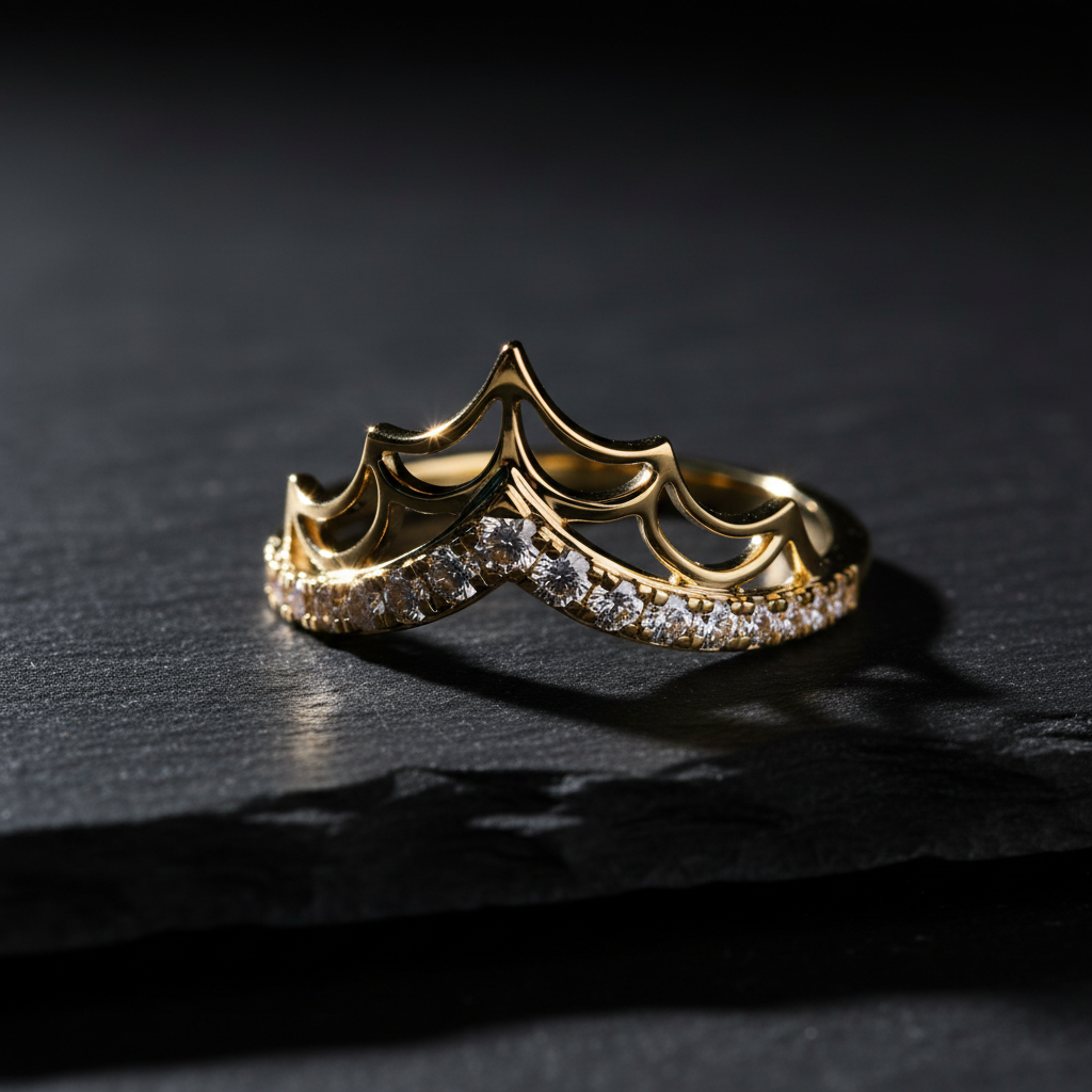 14K gold spider web stackable ring with lab grown diamonds on dark slate, moody editorial photo