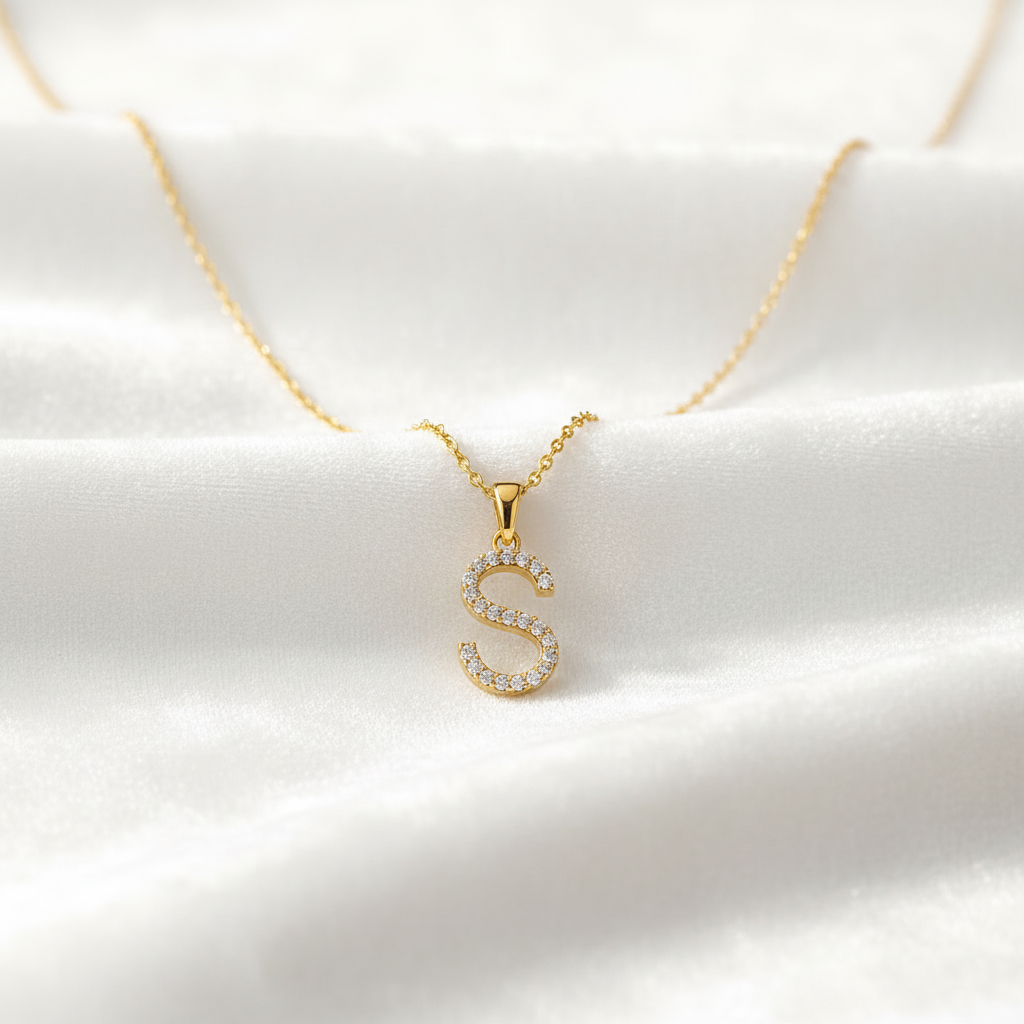 14K gold diamond initial letter charm pendant on wavy white velvet, studio lighting