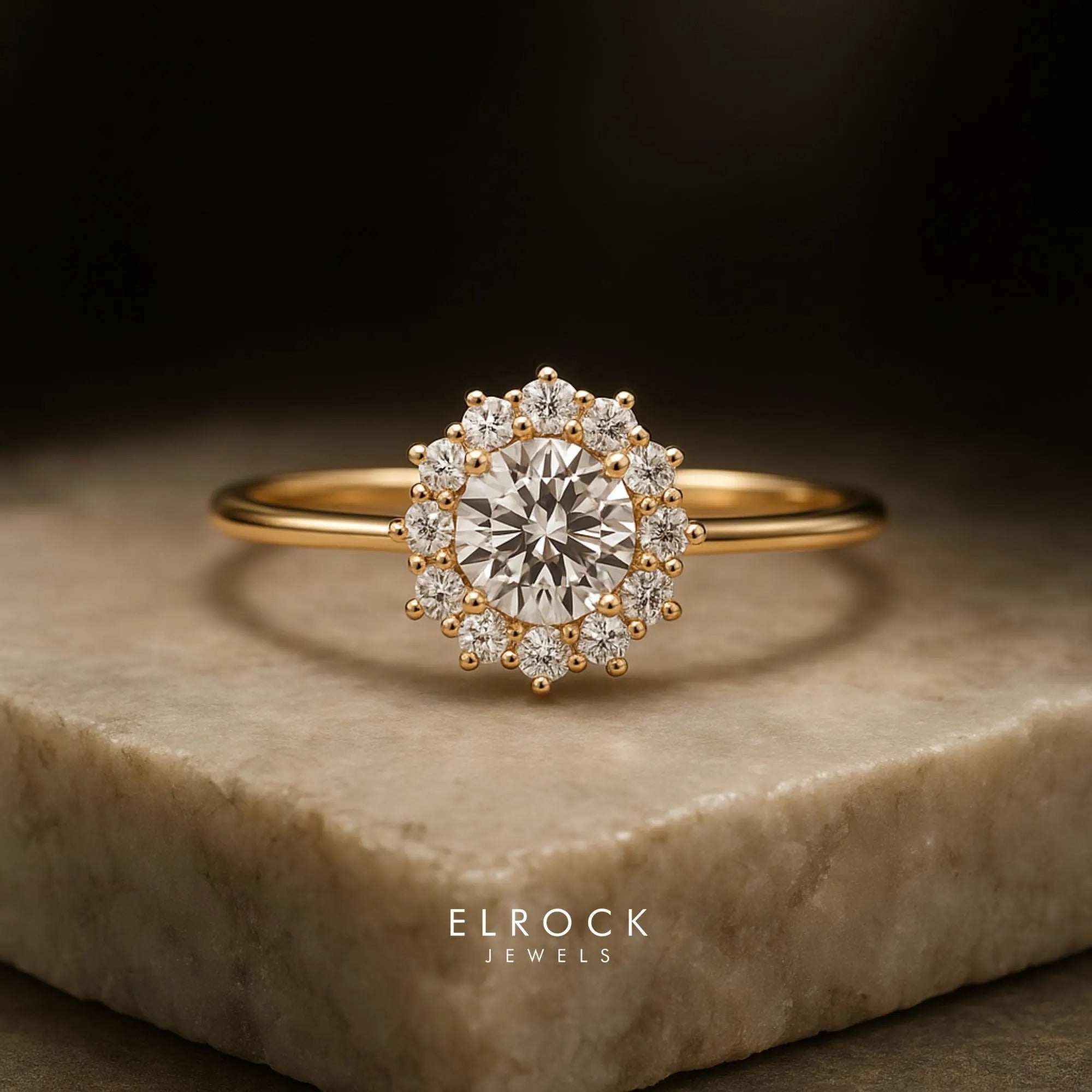 14K Gold Sunburst Halo Round Cut Lab Grown Diamond Solid Yellow Gold Unique Ring