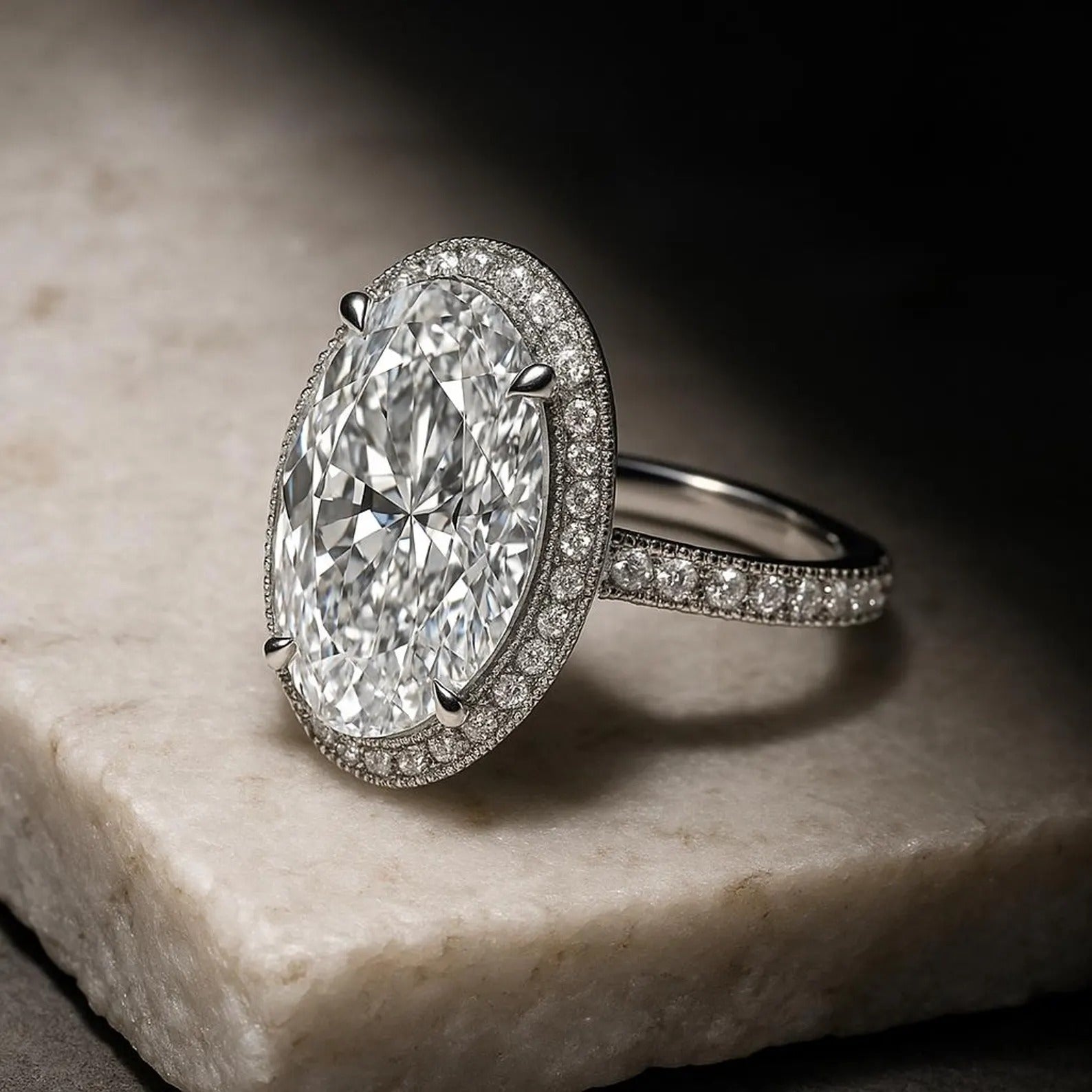 14K Gold Oval Halo Elongated Oval Diamond Set Engagement Ring