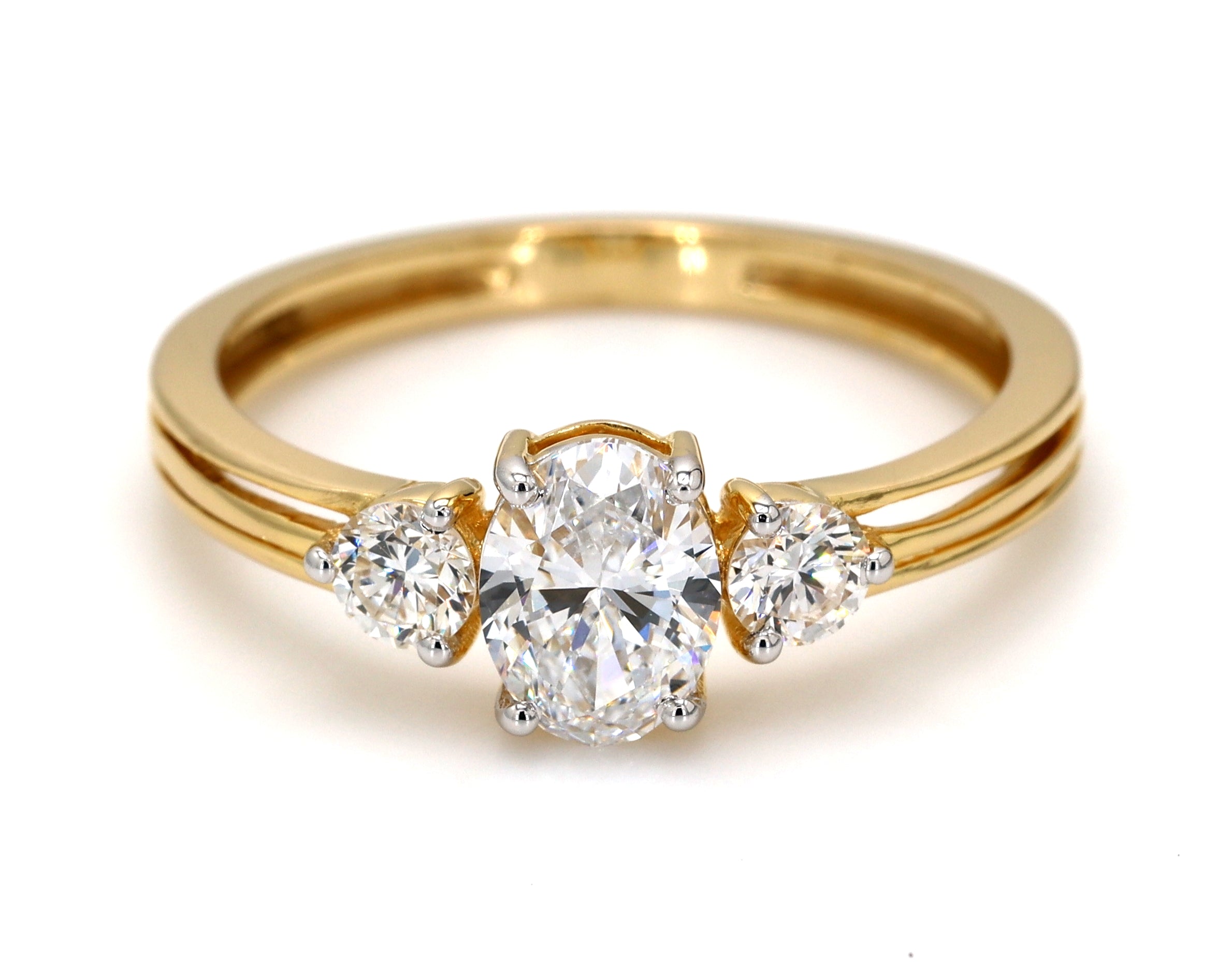 14k Gold Oval Shape Lab Grown Diamond Three Stone Engagement Ring